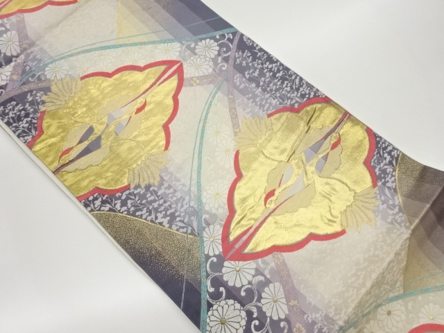 縞に向かい鶴・菊唐草模様織出し袋帯